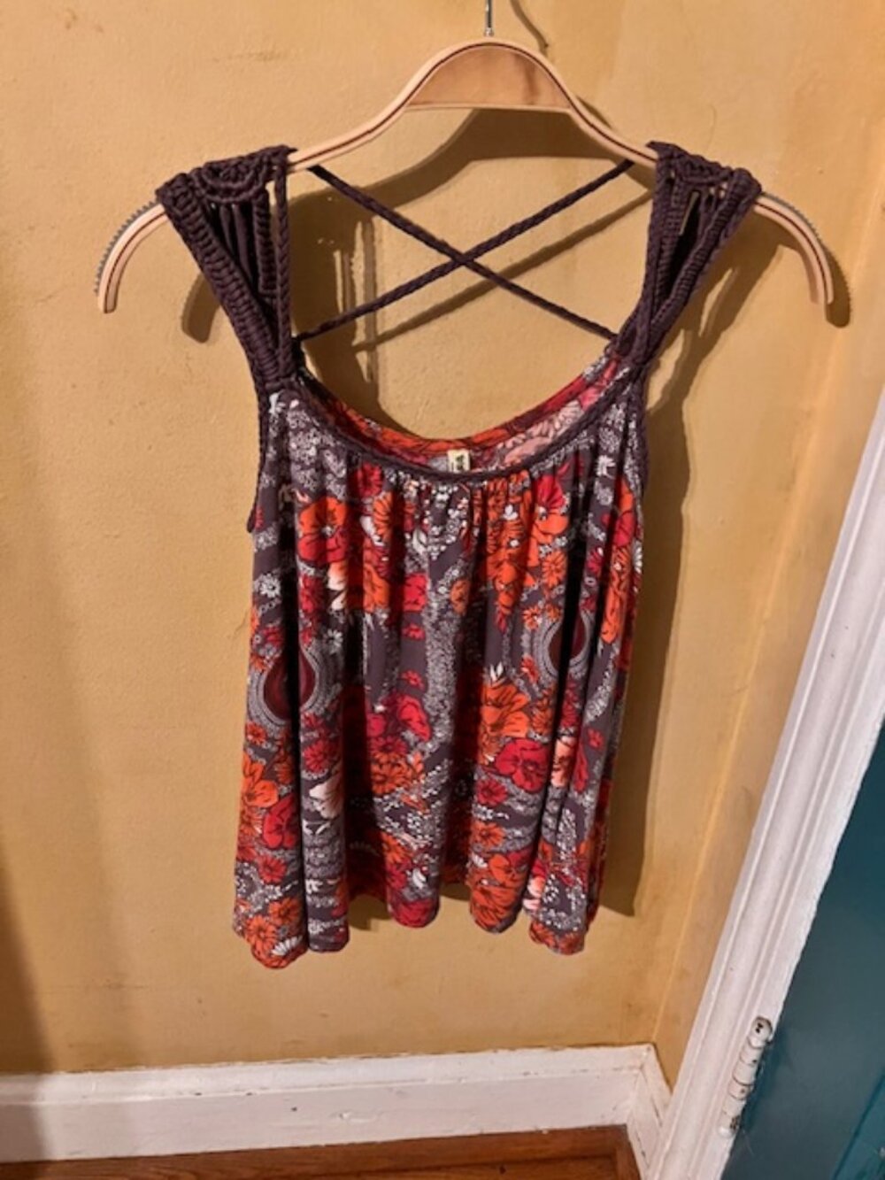 Free People New Red Floral Tank Shirt with Dusky Purple Macrame Shoulder Pieces